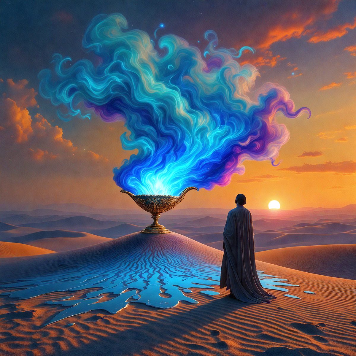 The primary subject of the image is a person standing in a desert-like environment. The person is wearing a long robe and appears to be looking at a blue, glowing, and swirling object, which is a large, ornate, and colorful vase. The vase is located in the middle of the scene, and the person is standing to the right of it. The setting is a sandy, arid landscape, which adds to the overall atmosphere of the image. The visual style of the image is a combination of digital art and illustration, creating a unique and captivating scene.